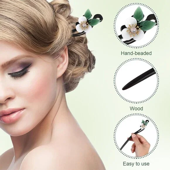 Vintage Flower Hair Stick Chinese Wood Stylish Elegant Hair Accessory Women Girl - Picture 2 of 9